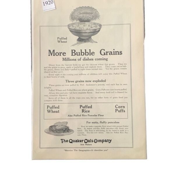 Vintage 1920 Quaker Oats More Bubble Grains Ad Advertisement - Picture 1 of 4